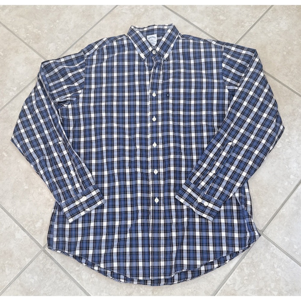 Brooks Brothers Oxford Shirt Men's Large Blue Plaid Slim Fit Long Sleeve Career